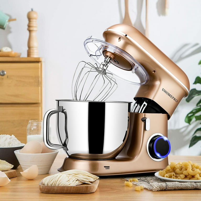 uhomepro 7.5 QT Stand Mixer for Kitchen, 6+0+P-Speed Tilt-Head 660W Dough  Mixer, Home Commercial Mixing Electric Kitchen Cake Mixer W/ Dough Hook,  Beater, Egg Whisk, Spatula, Dishwasher Safe,Champagne 