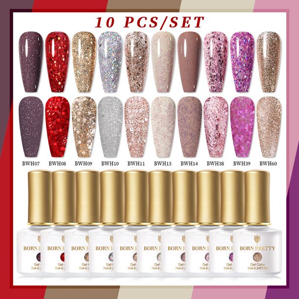 BORN PRETTY Nail Gel Polish Set Thermal Nail Gel Manicure UV Gel Kits Soak Off Nail Art Gel DIY for Glitter Gel Nail Polish Kits Gong Bohan LED