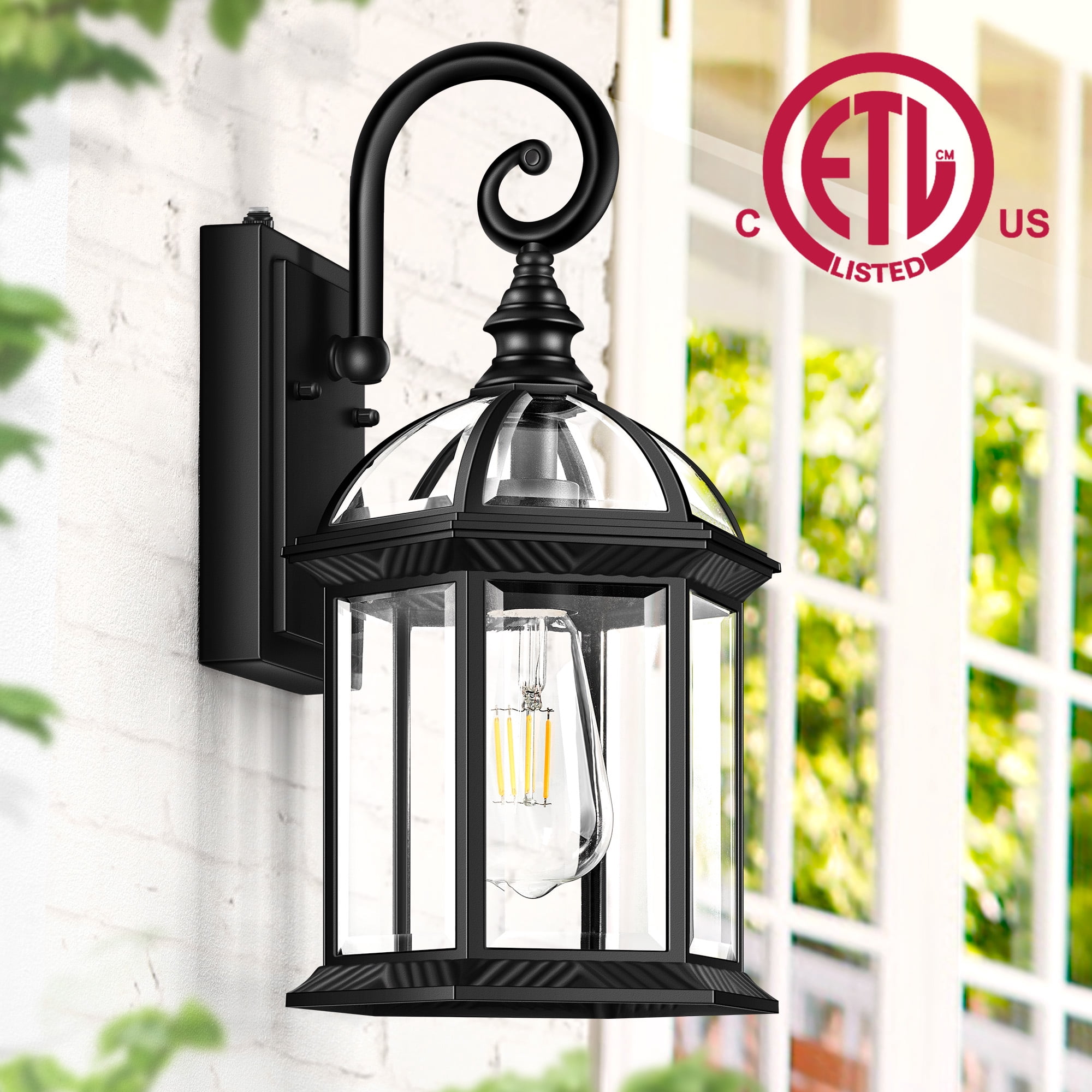 VIANIS 15.7" Large Outdoor Wall Lights, Black Exterior Lighting Fixtures with Tempered Beveled Glass, Anti-Rust Dusk to Dawn Outdoor Lighting for House, Waterproof Outdoor Sconce Lights for Porch