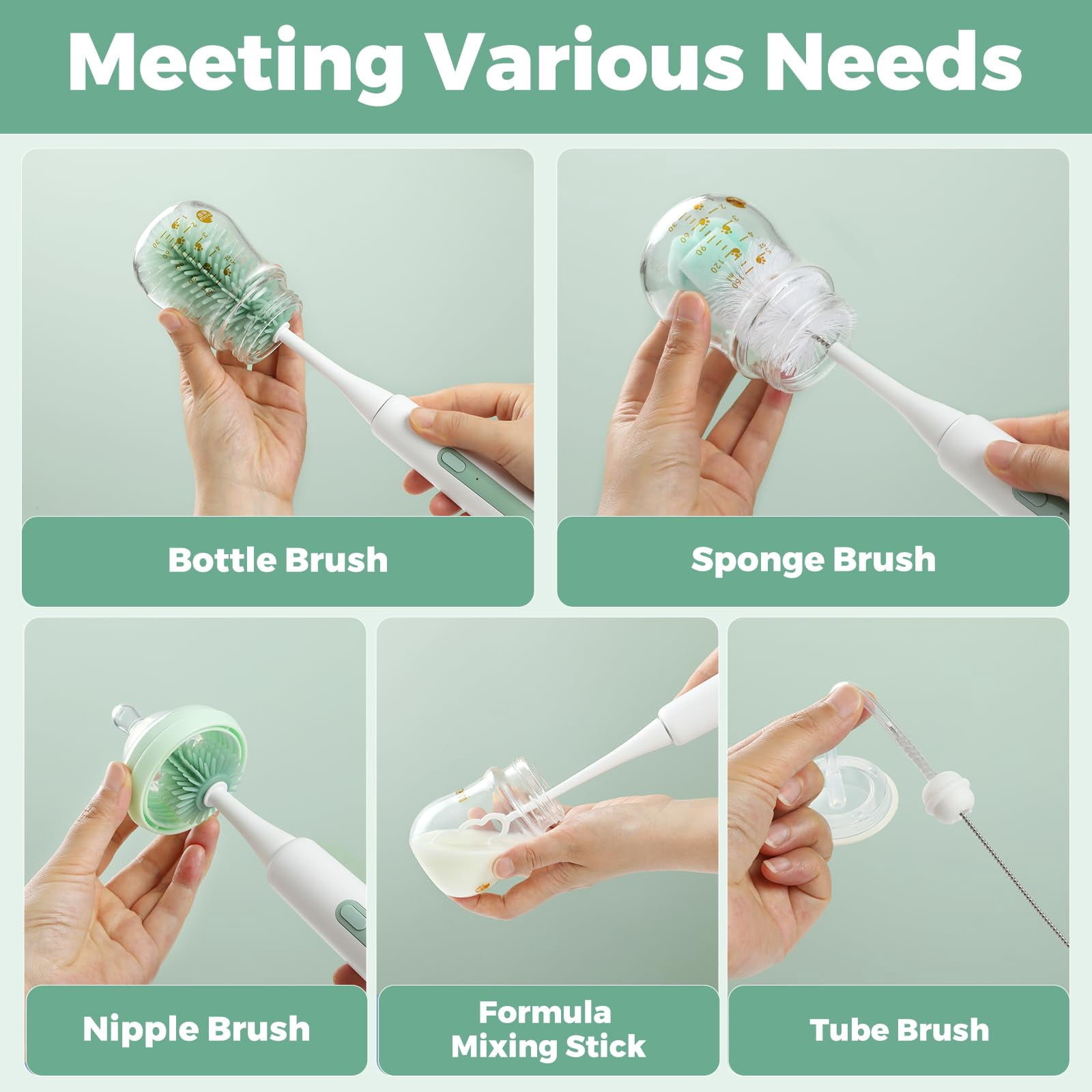 Momcozy 7 in 1 Electric Bottle Brush Kit, Portable Cleaning Set with Formula Mixer, Silicone Brush, Nipple Brush, Straw Brush, Soap Dispenser, Drying Rack - Long Battery Life for Home & Travel