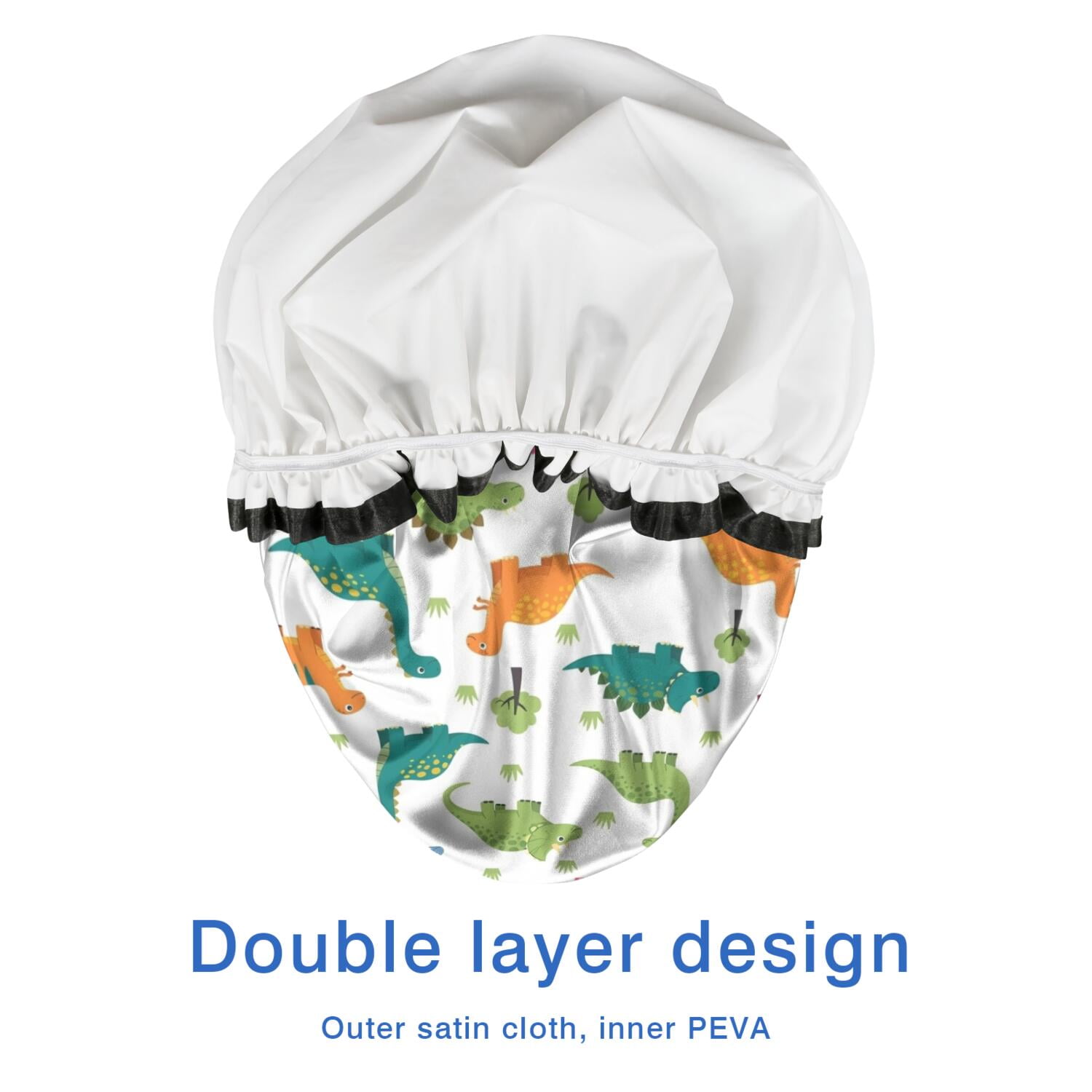 Shower Caps,White Cartoon Dinosaurs Trees Pattern Waterproof Shower Cap for Women 4 Pieces,Double Reusable Hair Cover for Shower PEVA Elastic Stretch Hem