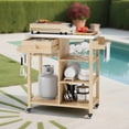 thumbnail image 1 of Wood Outdoor Grill Cart – Sturdy for Patio & Garden – Stainless Steel Top – Storage Cabinet, Drawer & Open Shelves – Portable Rolling Kitchen Island – Lockable Wheels – Natural Wood, 1 of 7