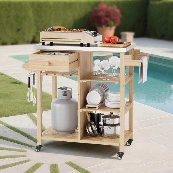 Chariot de Gril en Bois Portable – Patio et Jardin Extérieurs – Dessus en Acier Inoxydable – Tiroir, Armoire et Étagères – Table de Préparation de Cuisine Roulante – Roues Verrouillables – Bois Naturel