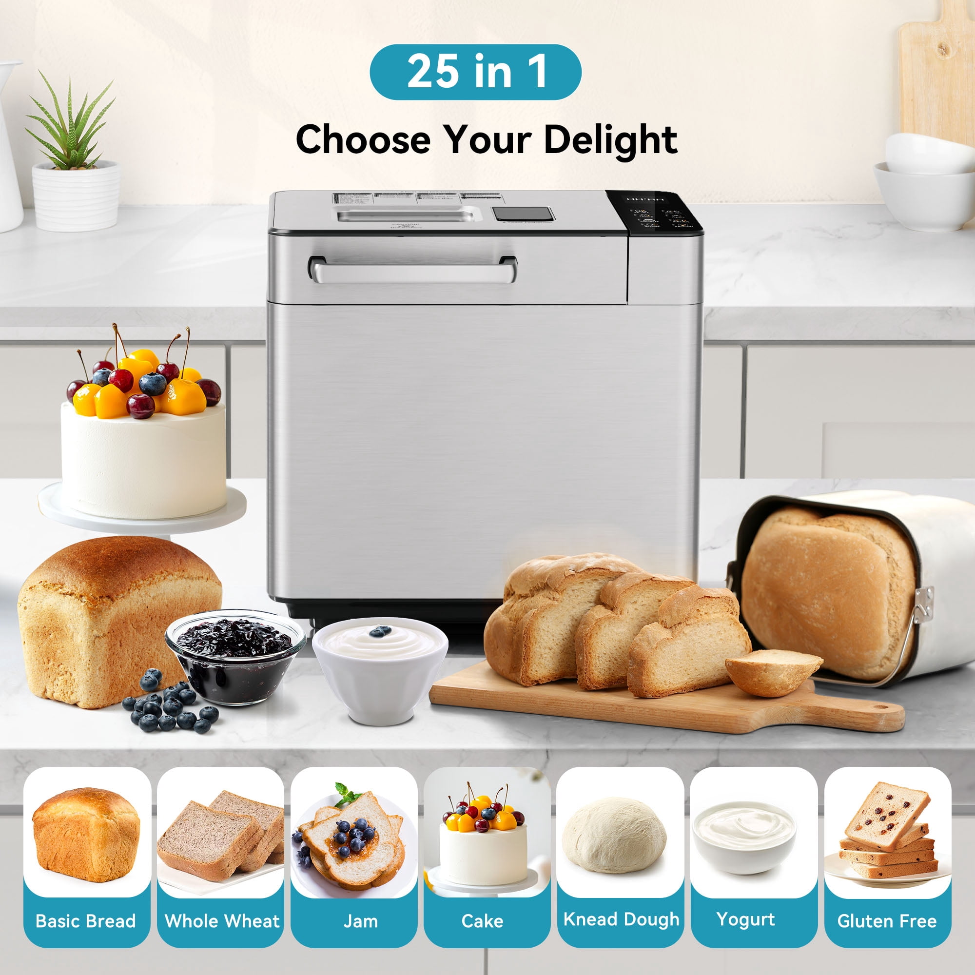 Simzlife 2 Lb Automatic Bread Maker, 25 Programs, Gluten-Free Setting, Viewing Window, Quiet Motor, Stainless Steel
