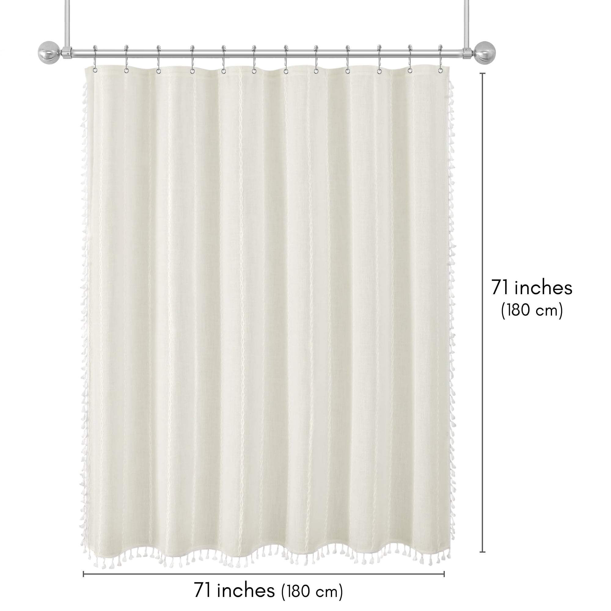 Americanflat 71x71 Woven Linen Ivory Shower Curtain with Tassel Accents - Includes 12 Grommets and Hooks - 100% Polyester