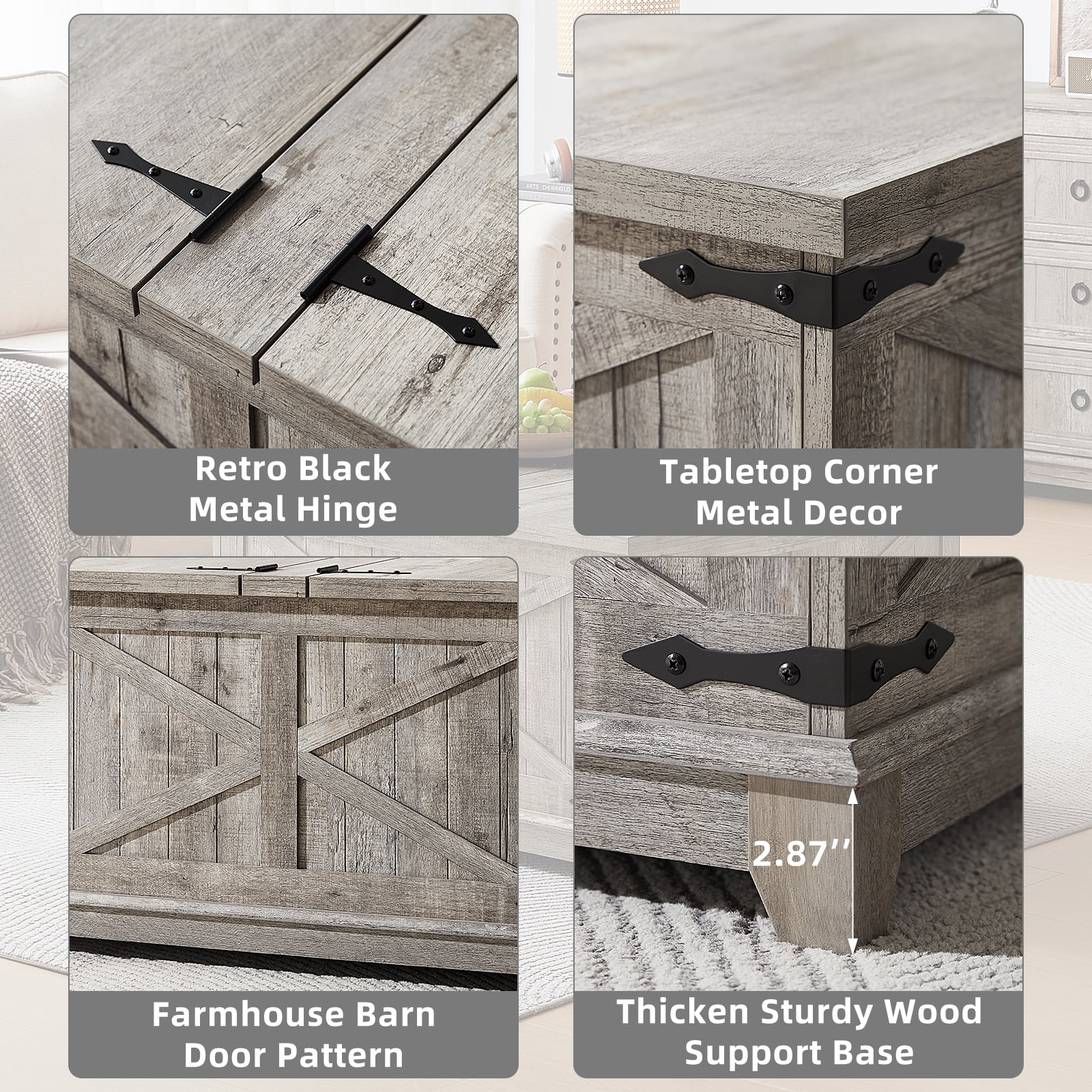 31.5" Large Farmhouse Lift Top Coffee Table, Square Living Room Table with Large Hidden Storage, Multi-Function Lift Wooden Barn Door Center Table, Grey Oak