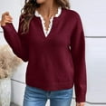 thumbnail image 2 of Oksale V Neck Sweaters for Women Trendy Lace Ruffle Trim Winter Sweater Cozy Long Sleeve Jumper Casual Business Tops 2025 Wine L, 2 of 4