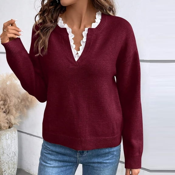YueHuiYing Women's Fashionable Lace-trimmed V-neck Sweater In Solid Color Loose Long-sleeved Knitted Sweater