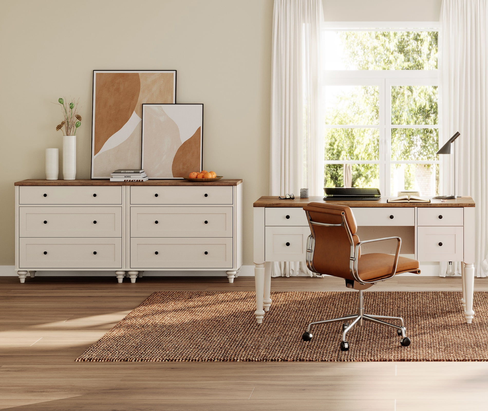 White Home Office Furniture Set, 56" Executive Desk with Charging Station, 2-in-1 Cabinet with 6 Wooden Drawers, Wood Computer Desk with File Cabinet Storage, Open Shelf