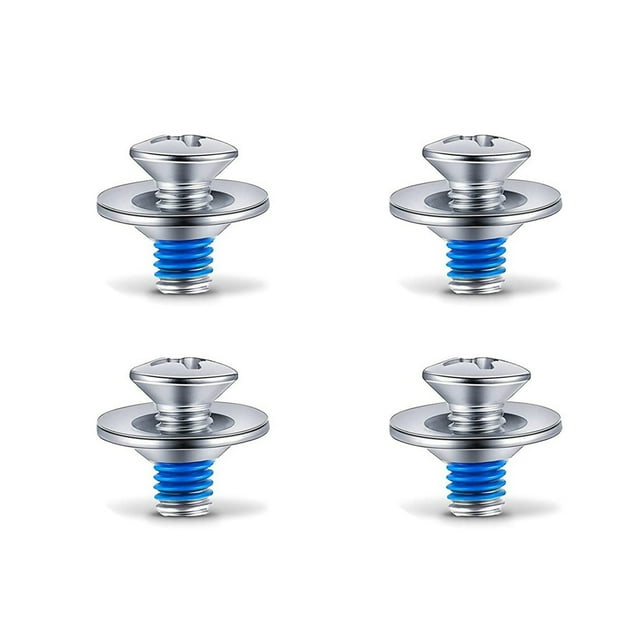 Snowboard Binding Screw Set Include 16 Pieces Snowboard Mounting Screws and 16 Pieces Snowboarding Screw Washers. The image shows four stainless steel screws with washers, featuring a silver finish and blue thread locking. These screws are approximately 0.6 inches in length and 0.4 inches in width at the base, with washers measuring 0.7 inches in diameter. Designed for snowboards, they are durable, rust-resistant, and easy to install using a screwdriver. Suitable for fastening snowboard bindings or wooden handiwork projects.