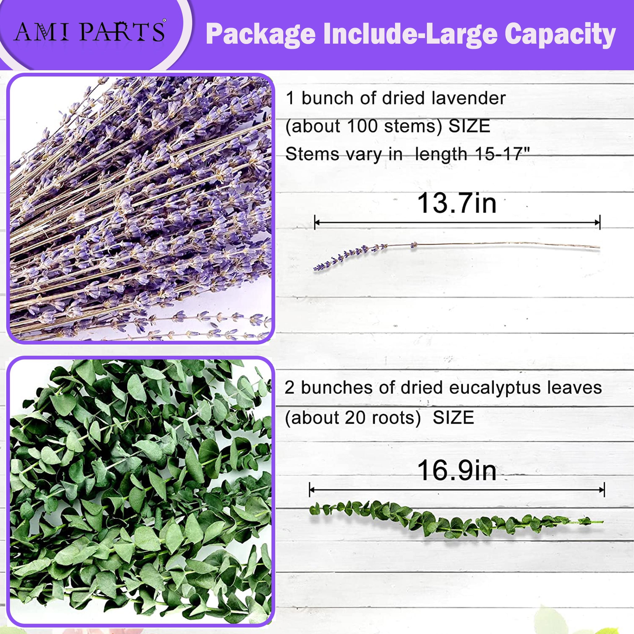 AMI PARTS 120Pcs Dried Preserved Eucalyptus Stems and Lavender Flowers Bundles for Shower