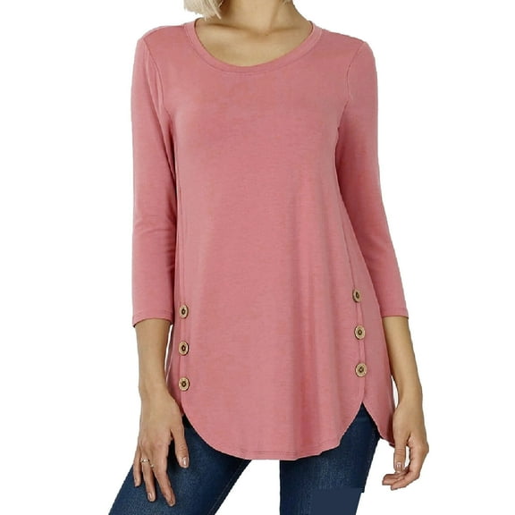 3/4 Sleeve Round Neck Top with Buttons