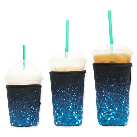 3-Pack (16-32oz) Reusable Neoprene Insulator Sleeve for Iced Coffee or Cold Beverage Cups (Royal Glitter Print)