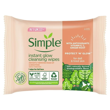 Simple Protect ‘N’ Glow Instant Glow Biodegradable Wipes Dermatologically Tested For Sensitive Skin 20 Wipes
