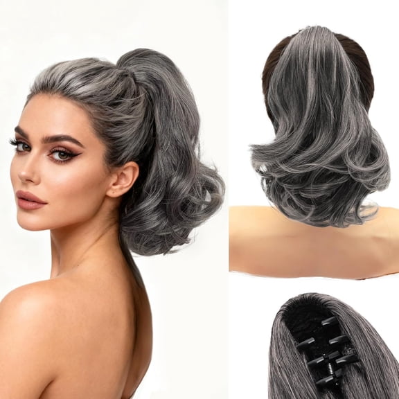 JOFMWIX Claw Clip Ponytail Extension Grey 12" Short Wavy Ponytail Clip in Hair Extensions for Women Curly Natural Layered Pony Tails for Short Thin Hair Synthetic Hairpiece(Salt and Pepper)