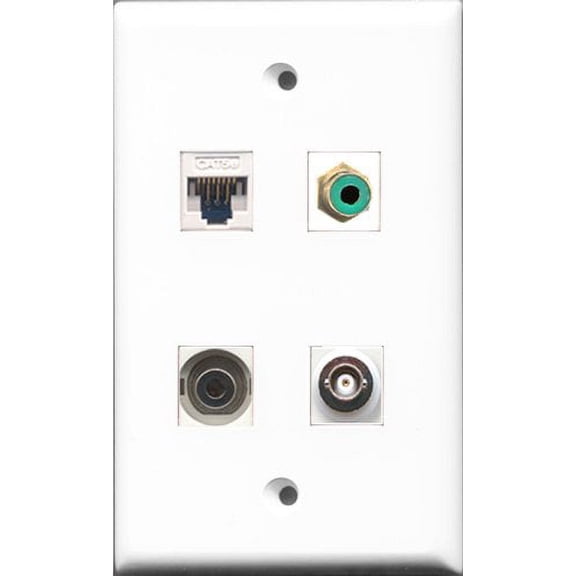 RiteAV 1 Port RCA Green and 1 Port 3.5mm and 1 Port BNC and 1 Port Cat5e Ethernet White Wall Plate
