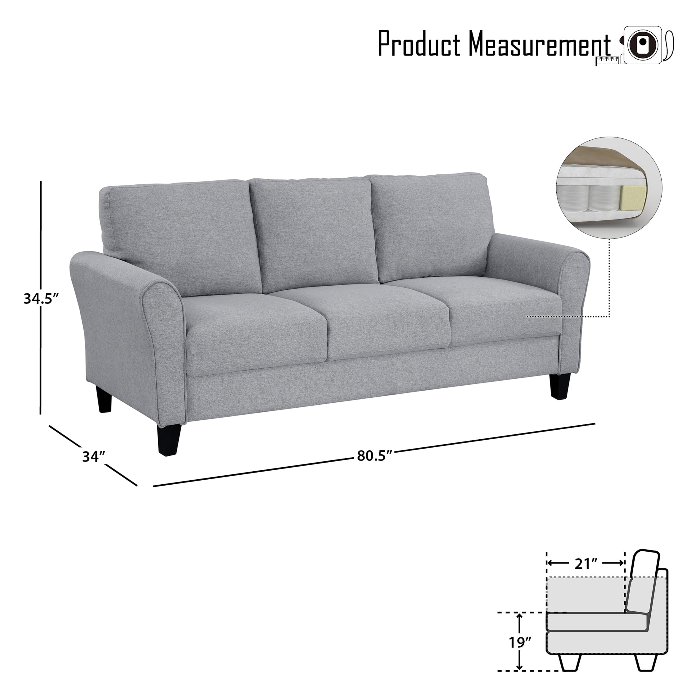 OakvillePark Eunice Fabric Upholstered Living Room Sofa, Dark Gray