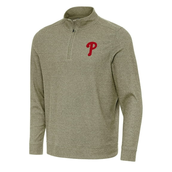 Men's Antigua Heather Olive Philadelphia Phillies Subtle Quarter-Zip Sweatshirt