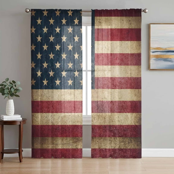 4th of July Sheer Curtains 96 Inch Length 2 Panels Set, Independence Day Farmhouse American Flag Voile Window Treatment Semi Sheer Long Curtains Drapes for Bedroom/Living Room/Kitchen 52"x96"x2