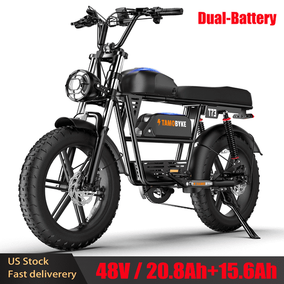 Tamobyke T73MAX Electric Bike for Adults, 750W Motor, 20MPH, 48V Dual Battery (20.8Ah 15.6Ah), 20" Fat Tire Full Suspension Mountain Ebike, UL2849, Black