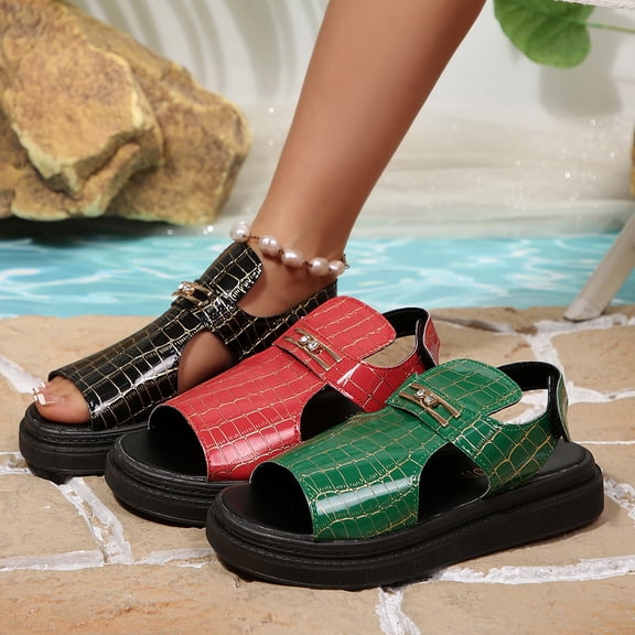 Women's Platform Sandals | Crocodile Print Open Toe Roman Sandals with Adjustable Magic Tape | Non-Slip Thick Sole Beach Shoes | Comfortable Summer Casual Sandals for Women | Plus Size Available