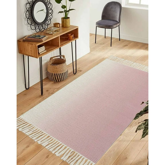 Pink Ombre Area Rug 3x5ft Woven Runner Rug,Farmhouse Gradient Modern Abstract Art Washable Living Room Hallway Bedroom Kitchen Carpet with Tassels,Indoor Outdoor Throw Door Mat for Entryway