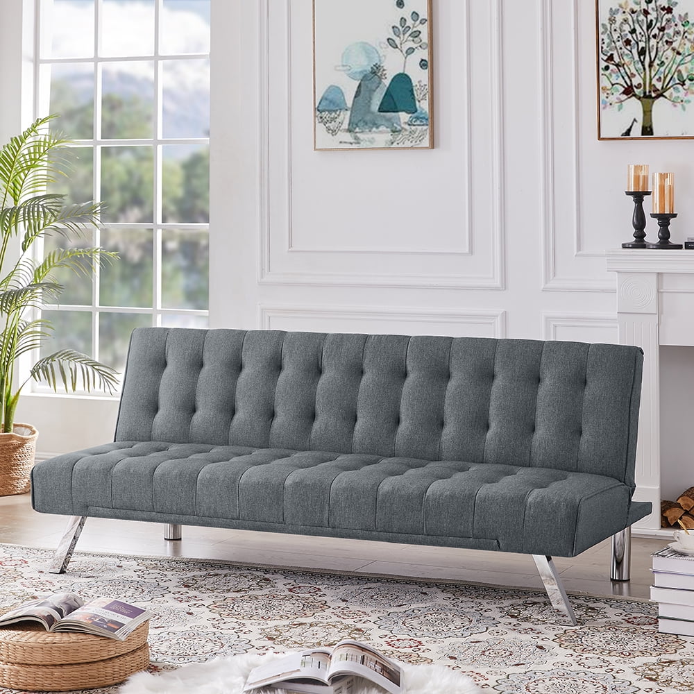 Futon Sofa Bed, Upholstered Convertible Folding Sleeper Recliner for Living Room, Light Gray