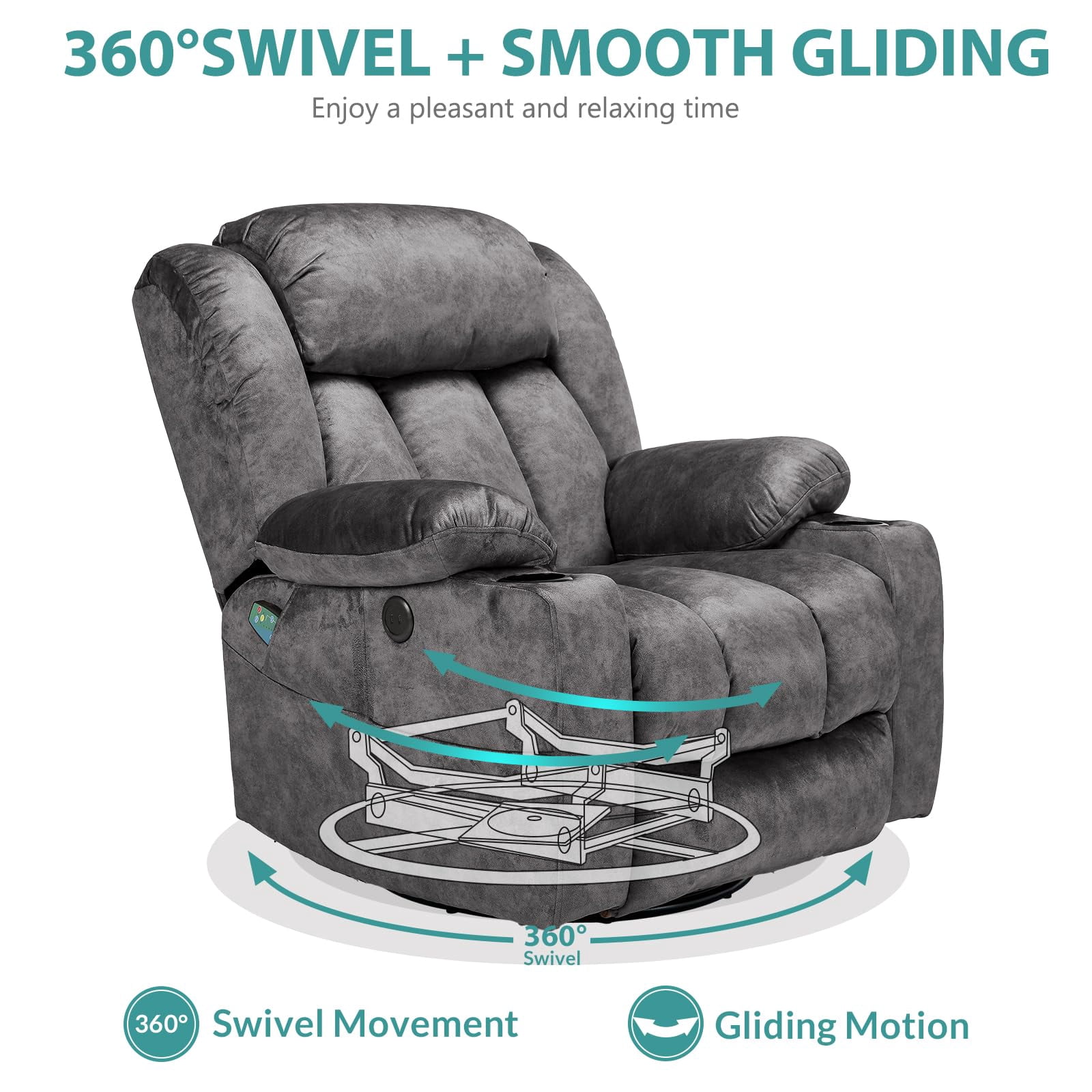 MEETWARM Massage Swivel Rocker Recliner with Heat and Vibration, Manual Glider Rocking Recliner Chair, 360°Swivel Lounge Reclining Chair with USB Ports/Cup Holder/Remote Control(Plush-Gray)