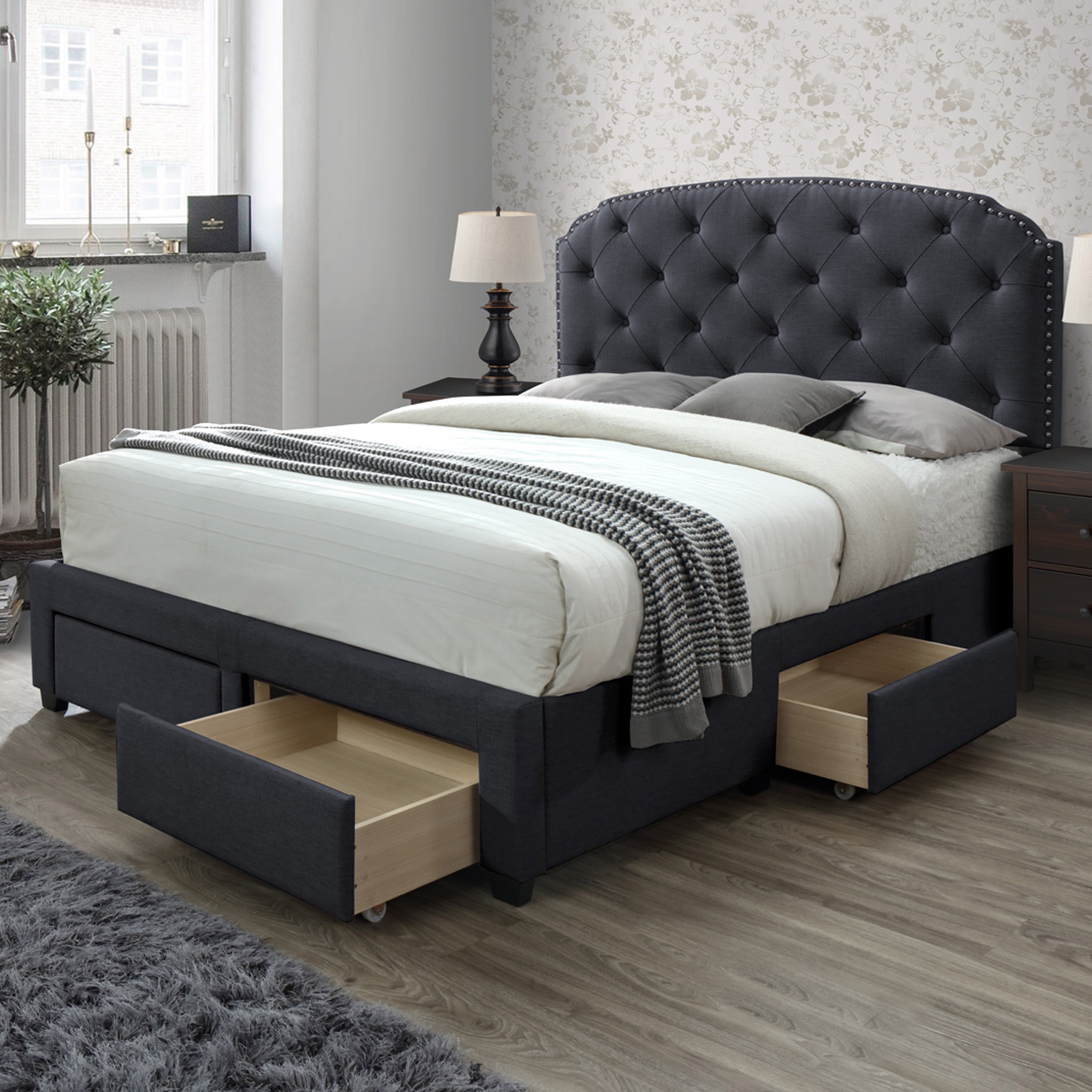Dg Casa Argo Tufted Upholstered Panel, Double King Size Bed Frame With 4 Drawers Storage Led Headboard