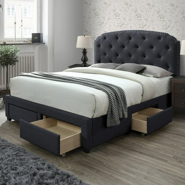 Tufted Upholstered Panel Bed Frame, Platform Bed Frame With Drawers
