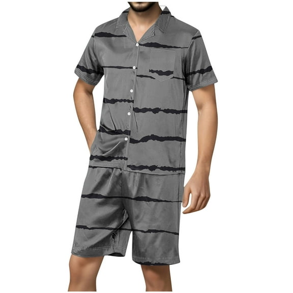 Stamzod Men's Satin Pajama Set Striped Short Sleeve Button Down Classic Sleepwear Soft Comfy Loungewear with Front Pocket Mens Short Outfits