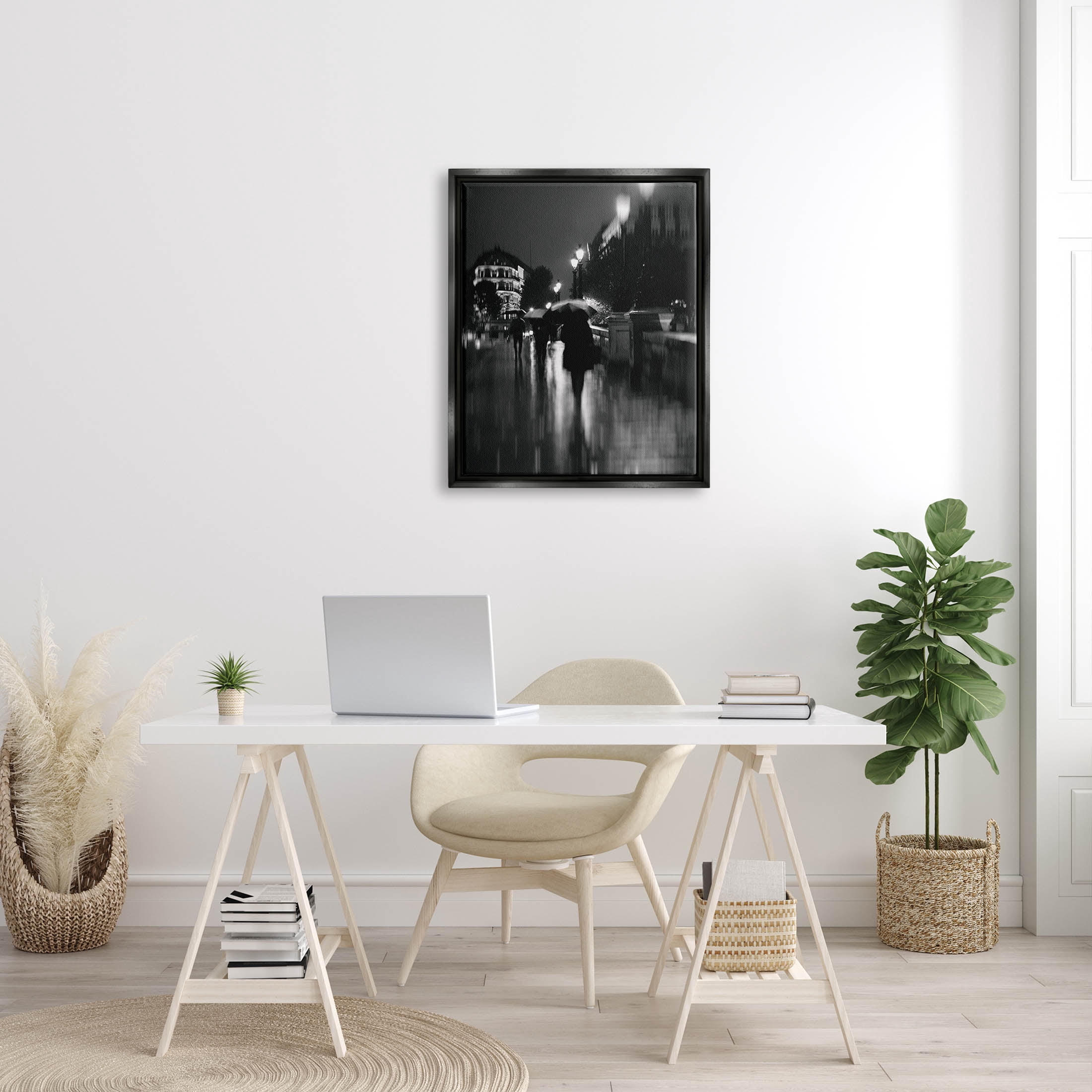 Walking In Rain Urban Buildings Town & City Photograph Jet Black Framed Art Print Wall Art