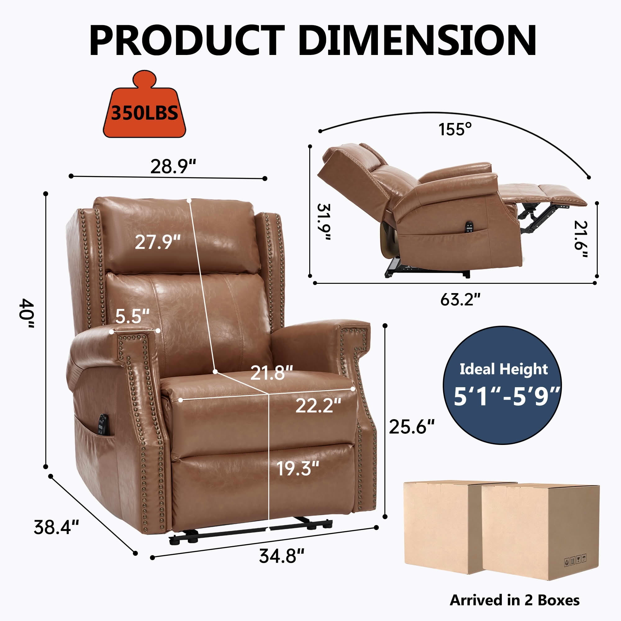 MAYEERTY Camel Faux Leather Manual Recliner Chair, 8 Nodes Massage Heat 155° 35"x38"x40" for Living Room