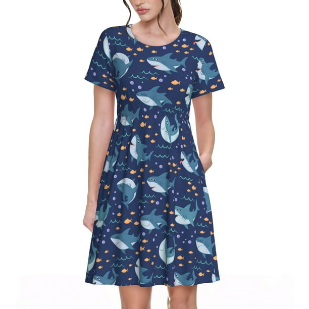 Disketp Cartoon Sharks2 para Vestido de Manga Corta para Mujeres, Vestidos de Verano para Mujeres, Casual y Holgado para la Playa