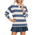 thumbnail image 5 of Striped Polo Shirt for Women Long Sleeve Lapel Collar T Shirt Loose Pullover Tops Blue XL, 5 of 7