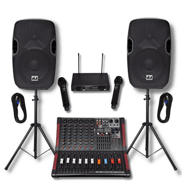 Complete Professional 2000 Watts Complete PA System 6 Ch Mixer 10" Speakers Dual Wireless Mics Stand