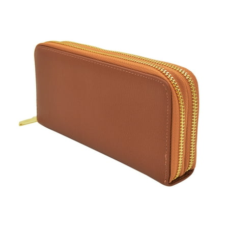 Dual Zip Wallet Organizer - Premium Solid PU Leather Double Zip Around Organizer Wallet Wristlet