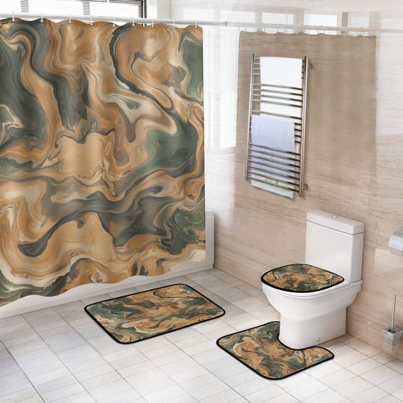 4-Piece Bathroom Set with Waterproof Shower Curtain with Non-Slip Bath Mat, U-Shaped Mat & Toilet Lid Cover Brown and Green Swirl