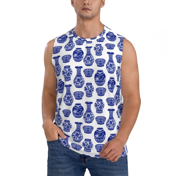 Fotbe Blue Vases Men's Camiseta sin Mangas Estampada para Hombres, Playera Casual para Gimnasio, Entrenamiento, Playa-Small