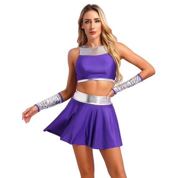 renvena Womens Halloween Cosplay Costume Princess Outfit Purple Hero Uniform Full Set Top Skirt with Gloves Purple L