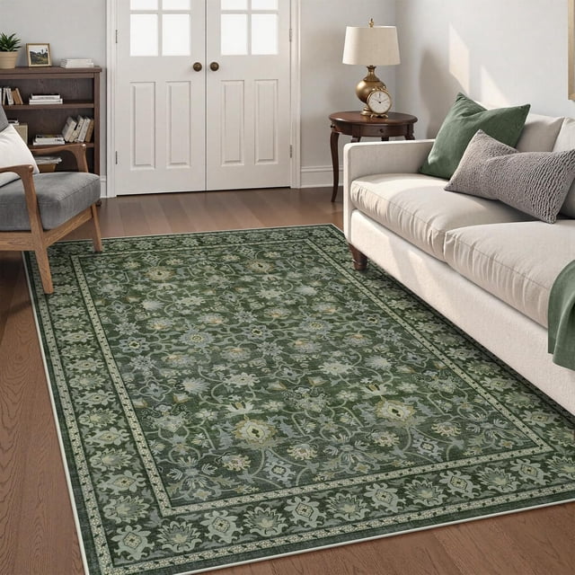 LIVEBOX Washable Area Rug 5x7 - Large Green Boho Living Room Rug Vintage Rugs for Bedroom, Lightweight Retro Carpet Floral Accent Rugs for Dining Room High Traffic Area