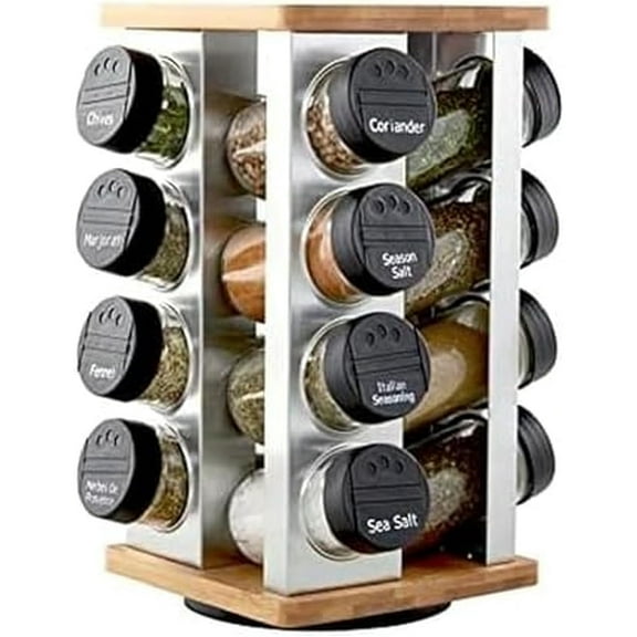 16 Jar Warner Revolving Countertop Spice Rack Organizer with Lift & Pour Caps and Spices Included, FREE Spice Refills for 5 years, Stainless Steel & Bamboo with Black Caps