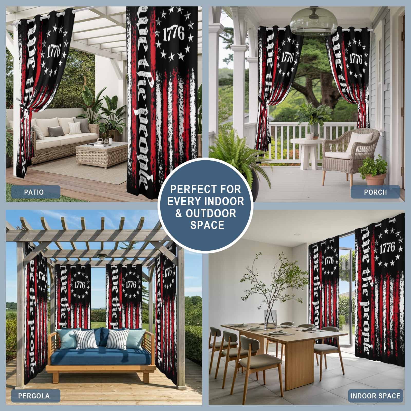 We The People Outdoor Curtains for Patio, Independence Day Distressed Red White Flag Sunshade Privacy Drapes Grommet Waterproof Outside Curtains for Porch/Cabana/Balcony 54"x 108", 1 Panel