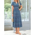 thumbnail image 3 of Summer Maxi Dresses for Women 2025 Casual V Neck Puff Short Sleeve Smocked Flowy Beach Boho Long Floral Dress Blue S, 3 of 8