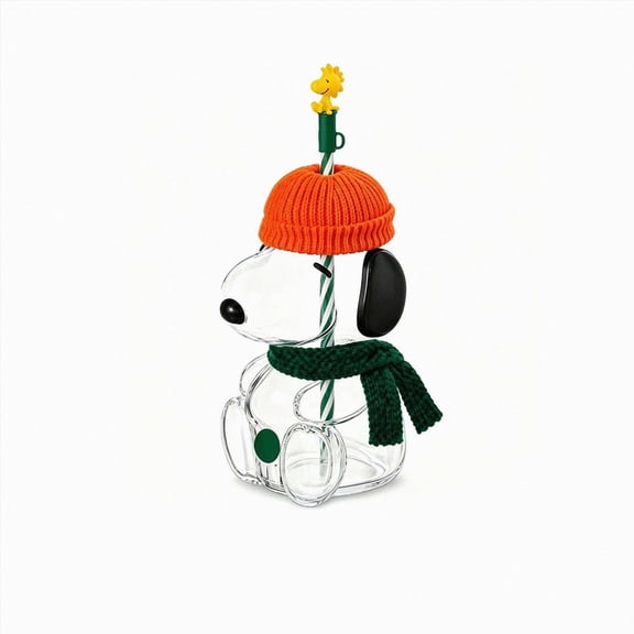 20oz Snoopy Cup Tumbler With Straw, Removable Knit Hat & Scarf, Cute Novelty Glass Cup for Iced Coffee & Cold Drinks