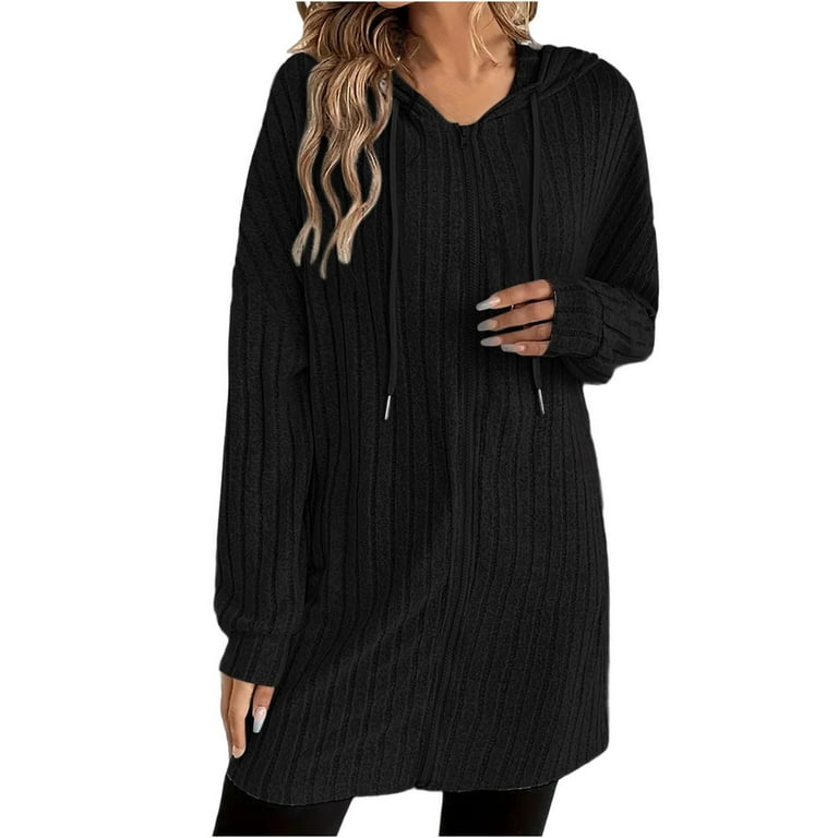 Women's Ribbed Full Zip Jacket with Hood Casual Fashion Mid-length