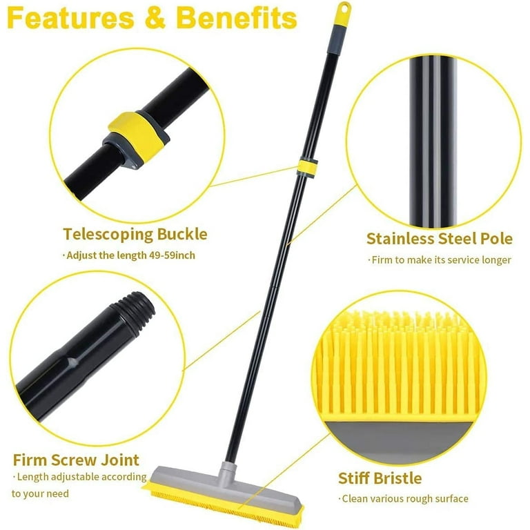 Pet Hair Broom Rubber Broom Carpet Rake with Squeegee with 59 Long Handle  for Sweeping Floor -Yellow