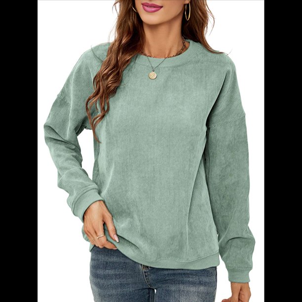 Sudaderas de Cuello Redondo de Punto Gofre para Mujer, Camisetas Informales de Larga Verde S