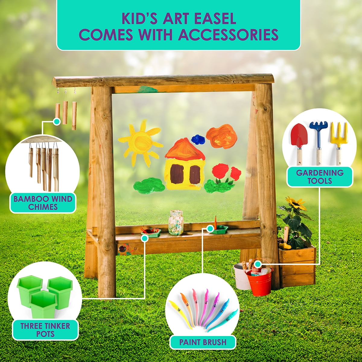 Plum Discovery Art Easel for Kids- Outdoor Wooden Painting Easels with Paint Brush and Accessories, Learning Toys for Toddlers, Wood Planter Box, Durable, Weatherproof, Ages 3+ Years Up