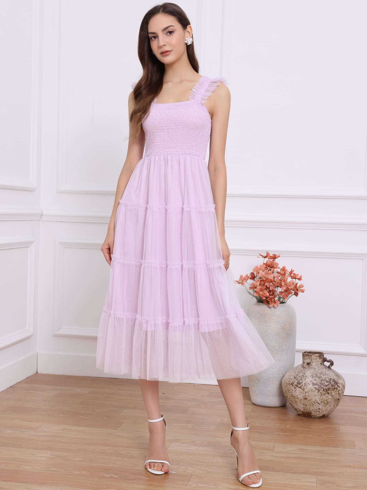 DARING DIVA Women's Summer Tulle Sleeveless Smocked Square Neck Dress L Light Purple